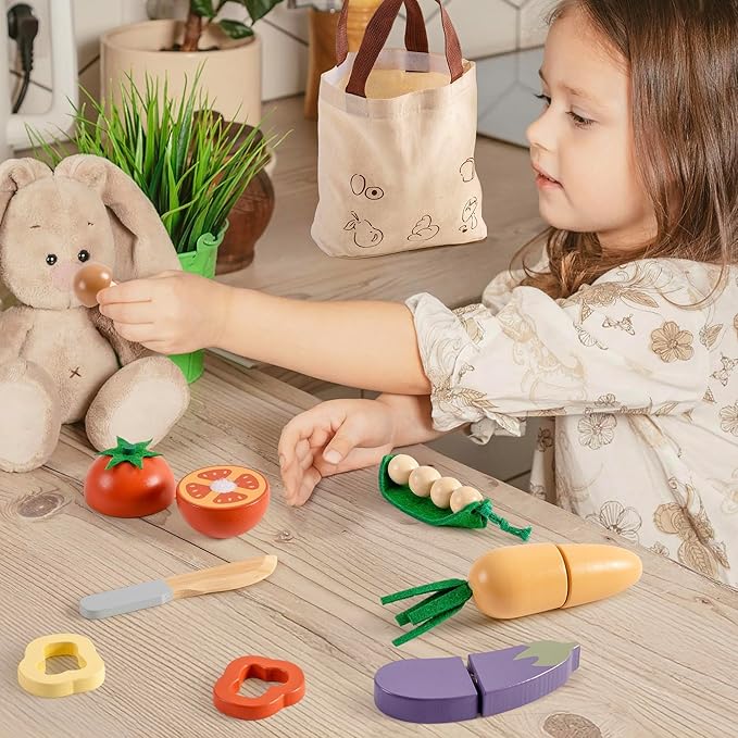 ROBOTIME Wooden Play Food Cutting Vegetable Set, Pretend Play Toy Food for Play Kitchen with Shopping Bag – Kids Kitchen Accessories, Wooden Veggie Toys for Boys & Girls