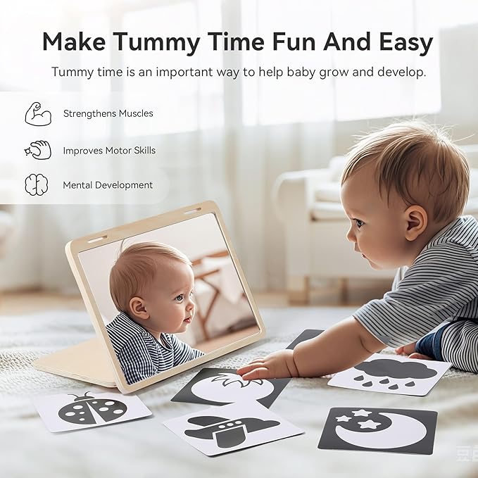 Tummy Time Play Set Adjustable Angle, Double-Sided Design, Montessori Tummy Time Toys Large Baby Safe Mirror and Card Display Stand with Black and White High Contrast Baby Cards