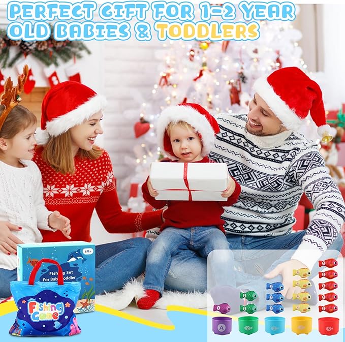 Toddler Montessori Toys for 1 2 Year Old Birthday Gifts for Boys Girls, Toddler Xmas Gift Fishing Game Toys 1-3 with Stacking Cups, Counting & Color Learning, 1st Present for One Year Old