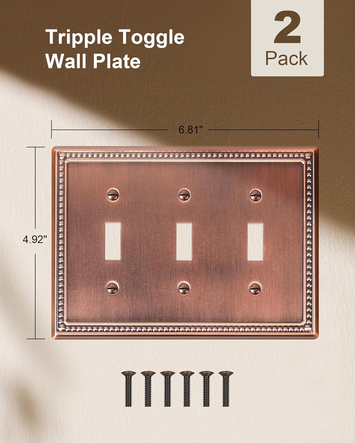 2-Pack Triple Toggle Light Switch Cover Plate, Pearls Decorative Switch Plate Covers, Antique Copper 3 Gang Metal Wall Plate, Corrosion Resistant