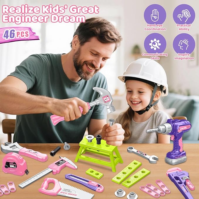 Kids Tool Set 46 PCS, Toddler Tool Set with Portable Tool Box & Power Toy Drill, Construction Toys Tools for Toddlers, Tool Kits for Girls Boys, Christmas Birthday Gifts for Kids Ages 3,4,5,6,7,8+