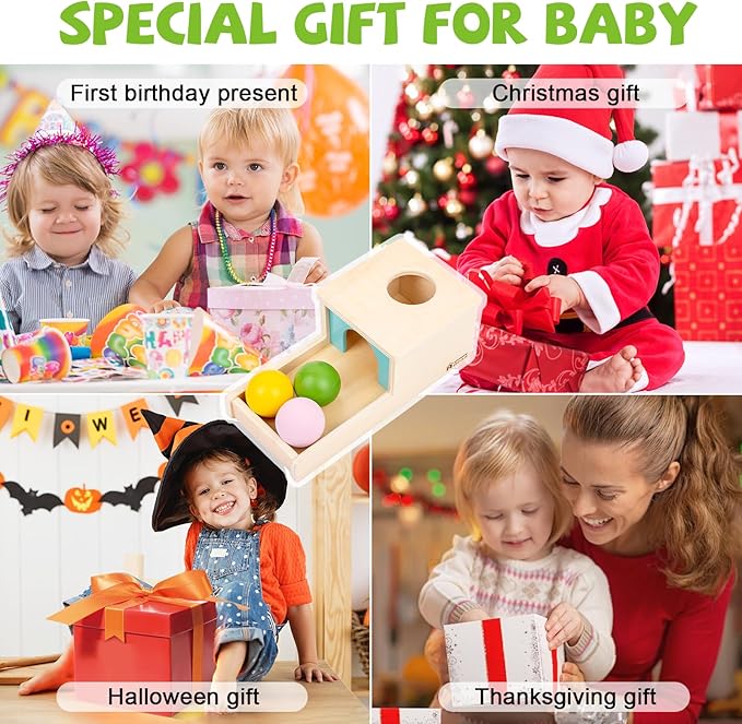 Adena Montessori Wooden Toy for 6-12 Month Baby 3 Balls with Tray, Object Permanence Box Colorful Learning Education Toy for Toddler Kid 1-2 Year Old, Preschool Developmental Girl and Boy Gift