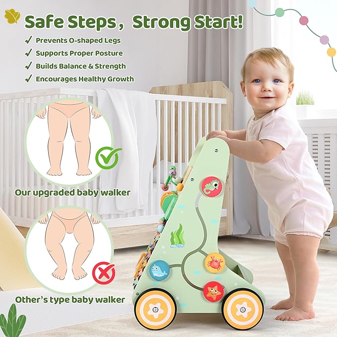 Wooden Baby Walker with Adjustable Speed, Montessori Push Walker Toy with Activity Center & Wheels, Sturdy Learning Toy for Boys and Girls