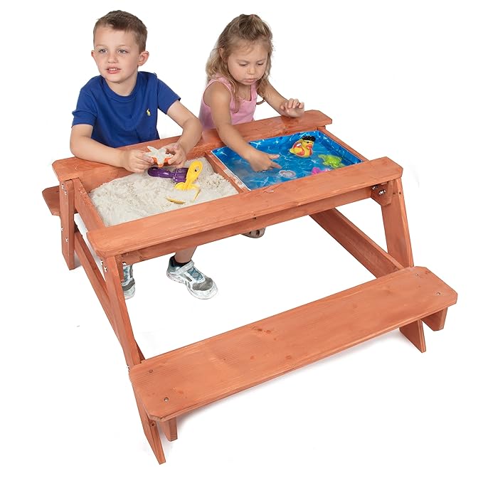3 in 1 Large 43"x35" Sand & Water Indoor/Outdoor Picnic Table- w Removable Top, Dual Drains & Wide Seats for 4+ Kids- Safe, Fun Easy to Clean Sandbox Play for Boys & Girls- Durable Furniture Xmas Gift
