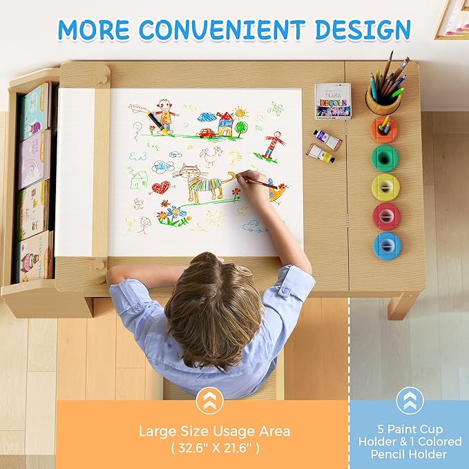 5-in-1 Kids Art Table and Chairs, Toddler Table and Chair Set, Craft Play Desk for Kids, Convertible Art Easel with Paper Roll Holder & Storage Drawers, Children Activity Learning Center - Nature Wood