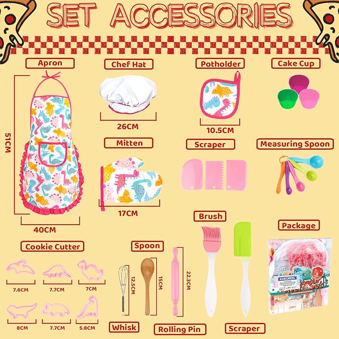 KAEGREEL Kids Baking Set 26Pcs with Dinosaur Apron & Hat Cooking Chef Dress Up Role Play Toys, Kitchen Toys Pretend Play Gifts for Girls Boys Aged 3 4 5 6 8 Years Old