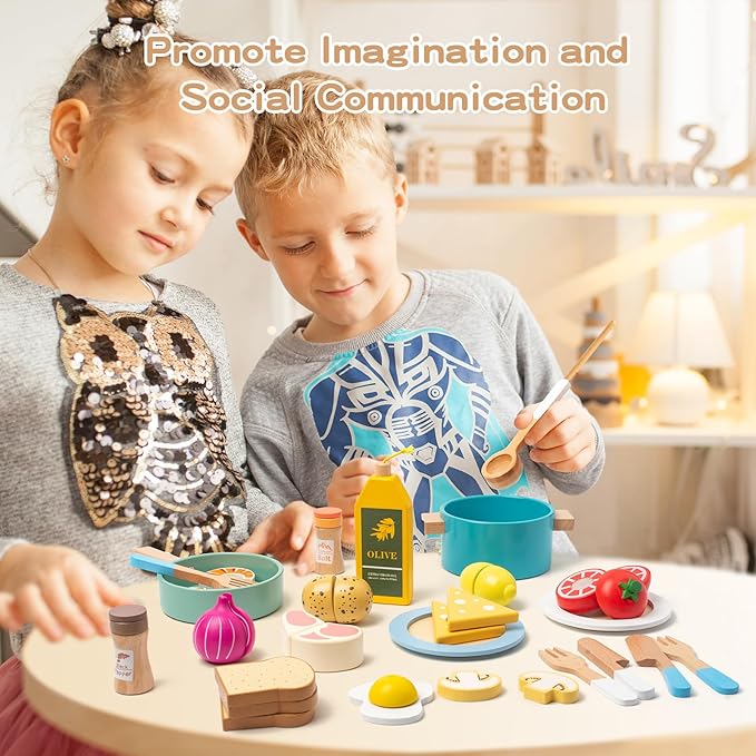 Wooden Play Cooking Set,27pcs Pretend Play Food Toys Set for Kids Toddlers, Wooden Kitchen Accessories Toys Set ,Cooking Toys with Play Dishes,Pot and Pan,Utensils,Gifts for 3 4 5 Years Old Girls Boys