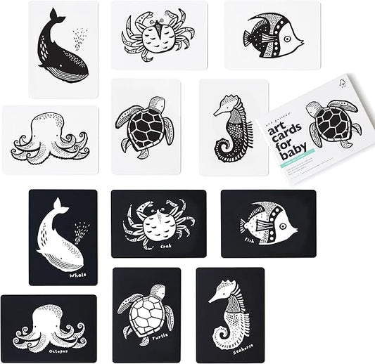 Wee Gallery Art Cards for Baby, Durable High Contrast Black and White Animal Flashcards for Newborns, Brain Development, Sensory Toys, Tummy Time Essentials for Infant and Toddler - Ocean Animals