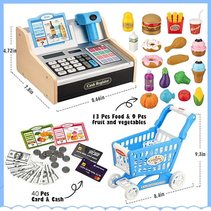 Wooden Cash Register for Kids with Shopping Cart Rechargeable Kid Cash Register with Scanner Gift for Kids Age 3 4 5 6 7 8 9 Year Old Pretend Play for Toddlers Toys for 3-12 Year Old Boys