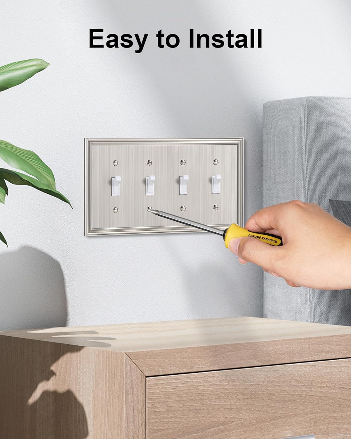 2-Pack Quad Toggle Light Switch Cover Plate, Durable Zinc Alloy Decorative Switch Plate Covers, Brushed Nickel 4 Gang Wall Plate for Toggle Light Switch and Rotary Dimmer Switch