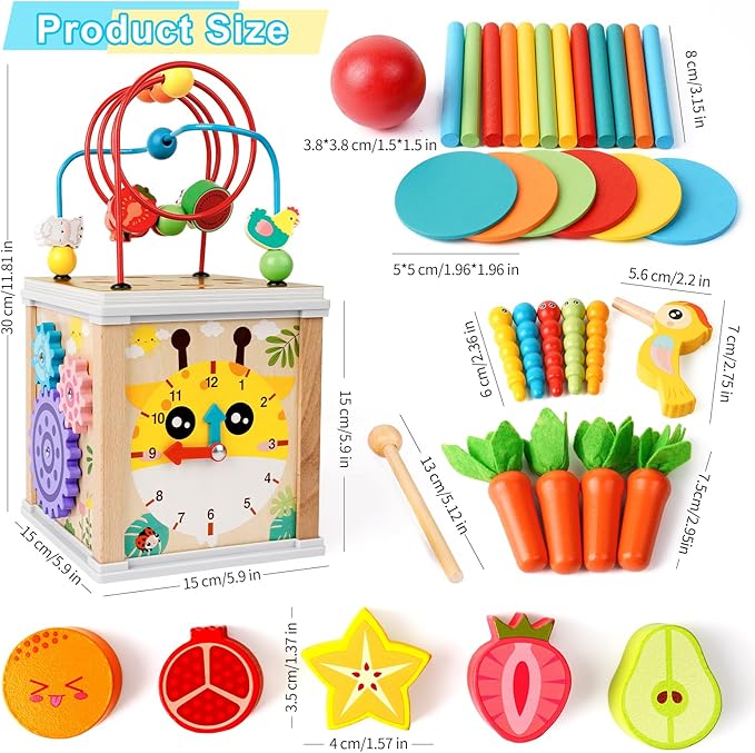 Wooden Activity Cube | 10-in-1 Montessori Toys | Multipurpose Baby Educational Developmental Toy | Bonus Shape sorter & Ball Coin Stick Drop Game | Birthday Gift for Baby Boys Girls