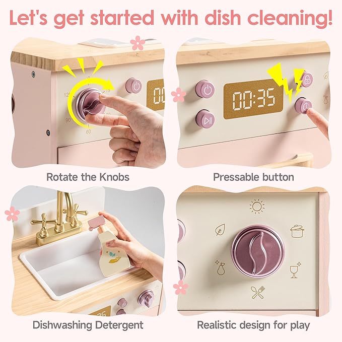 ROBOTIME Wooden Toy Dishwasher Sink – Pink Pretend Kitchen Toy with Gold Faucet, Turning Knobs, Dish Rack, Plates, Bowls, Cups – Montessori Wooden Play Kitchen for Girls Ages 3+