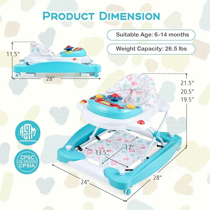 BABY JOY 6-in-1 Baby Walker, Foldable Baby Walker with Wheels, Adjustable Height, Music, Lights, Bouncer & Rocker Mode, Baby Walkers for Boys Girls 6-14 Months (Green)