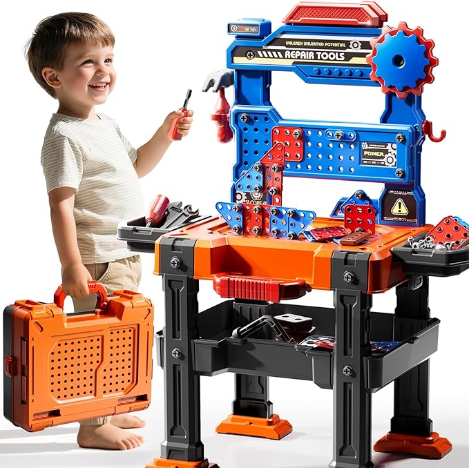 Kids Tools Toy Sets for Aged 3 4 5 6 7 8, 2 in 1 Workbench Toys for Toddlers 3-5, Pretend Play Toolbox, Construction Mechanic Set with Sound, Educational Birthday Gift for Boys Girls Ages 3-8
