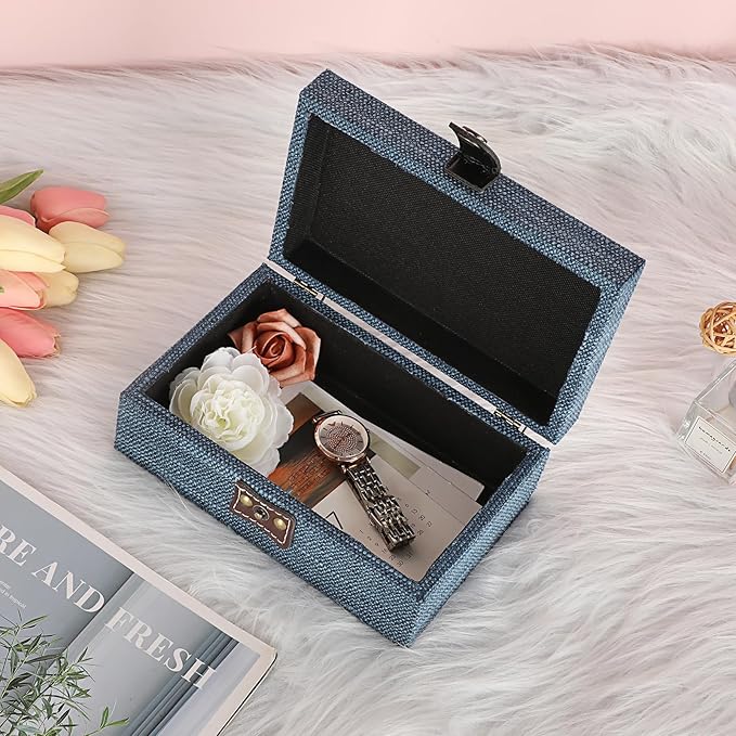 Hipiwe Treasure Chest Jewelry Box - Wooden Decorative Box with Clasp Linen Covered Memento Case Box Rectangular Keepsake Box Photos Storage Organizer Home Decor,Blue