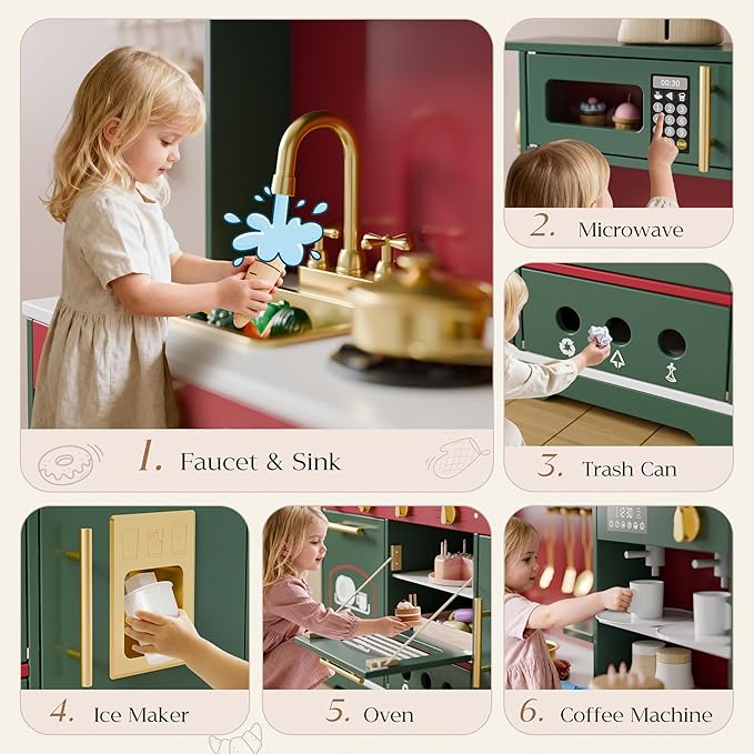 Play Kitchen Set, Kids Kitchen Playset with 21 Fun Accessories, Toy Kitchen Set with Realistic Appliances, Smart Storage, Wooden Play Kitchen for Kids, Gift for Ages 3+ (Green & Red)