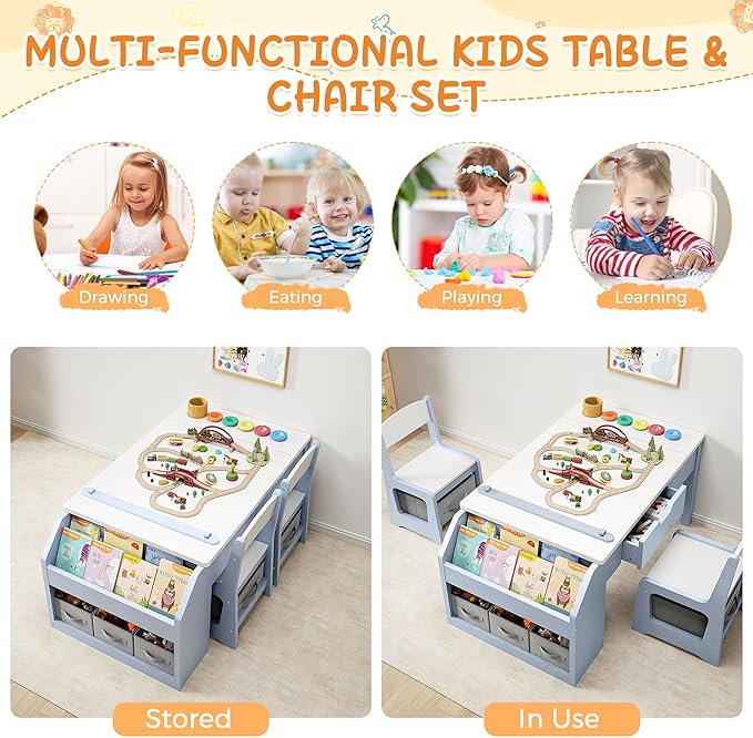 5-in-1 Kids Art Table and Chairs, Wood Toddler Table and Chair Set with Storage Drawers, Craft Play Desk for Kids, Convertible Art Easel with Paper Roll Holder, Children Activity Learning Center-Blue