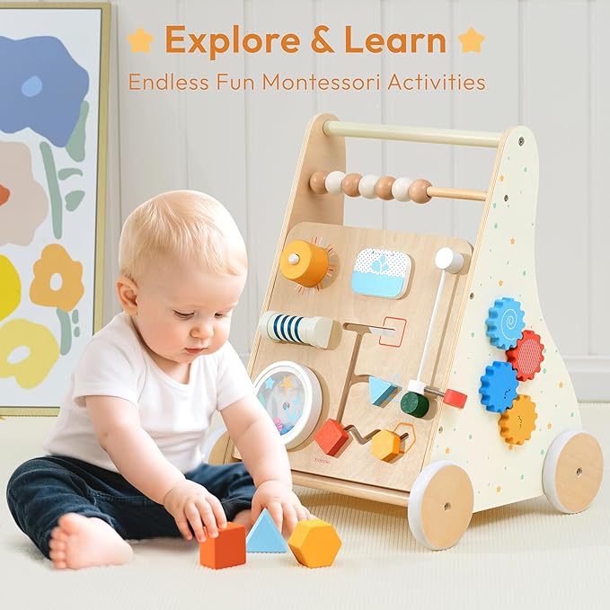 Wooden Baby Walker, Montessori Activity Center Adjustable Speed Baby Push Walker with Blocks & Shape Sorter, Learning Toy for Toddlers 1 2 3 Year Olds