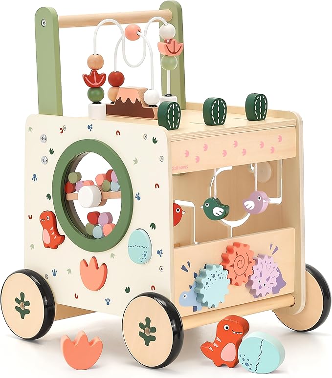 Wooden Baby Push Walker, 6-in-1 Montessori Activity Center for Toddlers, Adjustable Speed Dinosaur Walker with Brake & Shape Sorter, Natural Solid Wood Learning Toy for Boys Girls 12M+