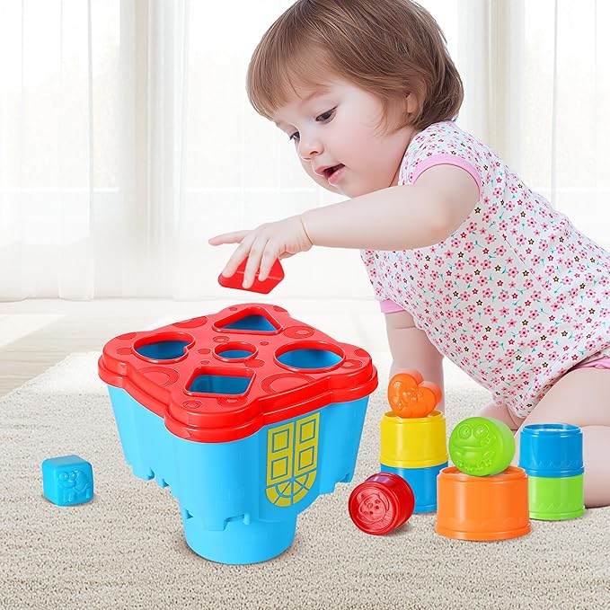 iPlay, iLearn Baby Stacking Toys, Toddler Nesting Stack Cups, Infant Stackable Block, Kids Sorting Game W/Shape Sorter for Sand Bath, Birthday Gift for 12 18 24 Month 1 2 3 Year Old Boys Girls