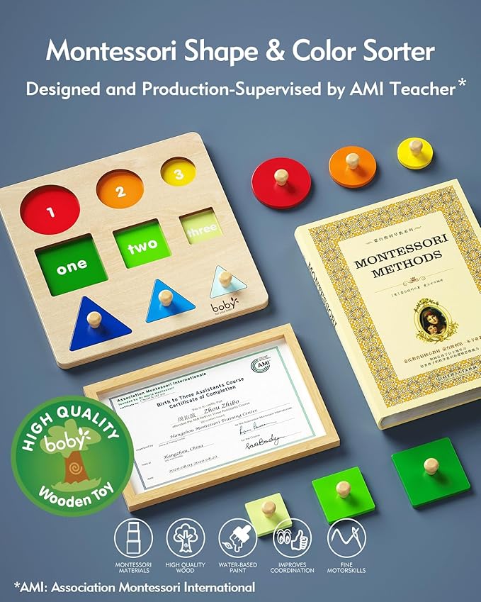 Montessori Puzzles for Babies 12-18-24 Months, Wooden Jumbo Knob Peg Puzzle Shape sorter for Toddlers 1-3 Year Old, Early Learning Sensorial Toys (Shapes & Size Sorting Puzzle)