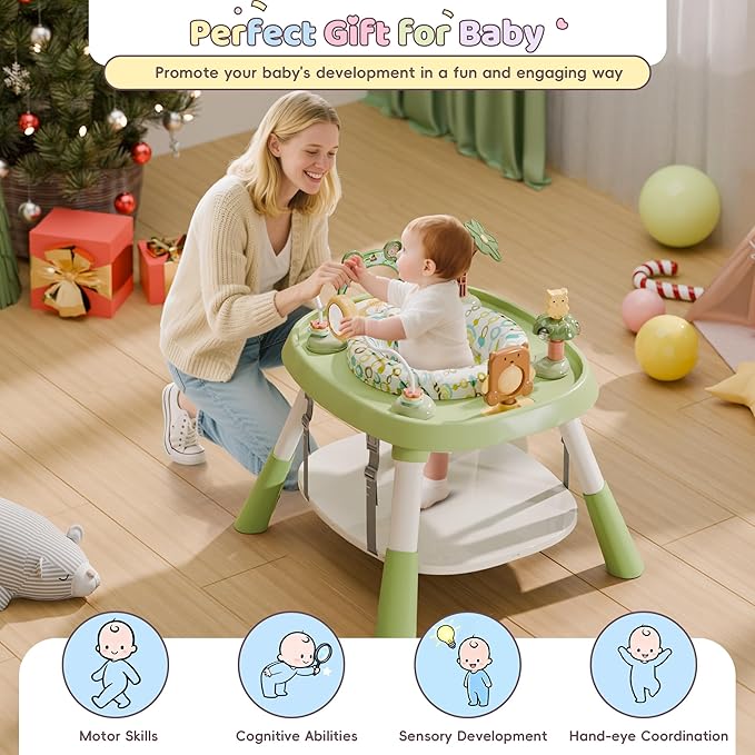 TOLEAD Baby Activity Center, Infant Jumper Activity Center with 5 Toys, Lights & Music, Adjustable Heights, 3-Stage Activity Center & Play Table, Interactive Play Center for Baby Ages 6m+ (Green)