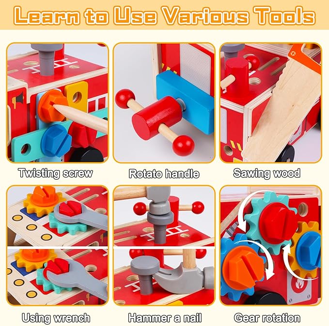 Toddler Tool Kit - 33 PCS Montessori Toddlers Tool Box, Kids Pretend Play Tools Set Age 2-4, STEM Educational Toys for Age 3, Wooden Construction Toy, Boys Birthday Gift 2,3,4,5 Year Old (Fire Engine)