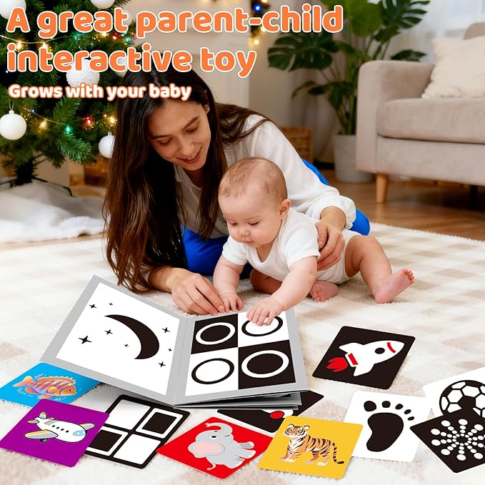 Tummy Time Toys with Baby Mirror & 9 Black White Contrast Cards, High Contrast Baby Book,Newborn Toys 0-3 6 Months for Visual Stimulation, Brain Development, Tummy Time Essentials