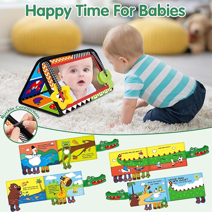 Tummy Time Baby Mirror Toys - Infant Toy Newborn 0 3 Months Brain Development with Soft Activity Book Teether - Black and White High Contrast Baby Toys 2 4 5 0-6 Babies Boy Girl Sensory Shower Gifts