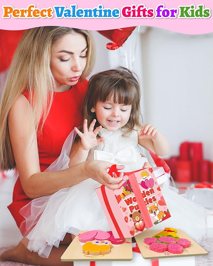 Yetonamr Valentines Wooden Puzzles Gifts for Kids, 4 Pack Toddler Valentine Day Toys for Boys Girls, Valentine Gifts for Kids Classroom, Montessori Toys Valentines Day Party Favors