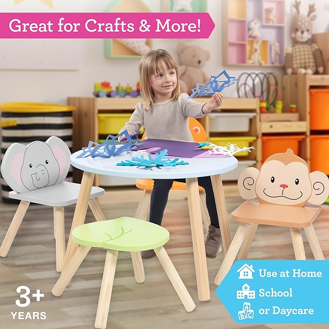 Kids Wooden Animal Table & Chair Set w 4 Seats- Monkey Lion & Elephant Plus Adult Stool for Arts Crafts, Dining, Pretend Play- Durable Playroom Furniture for Home, Daycare Classroom- Toddler Gift