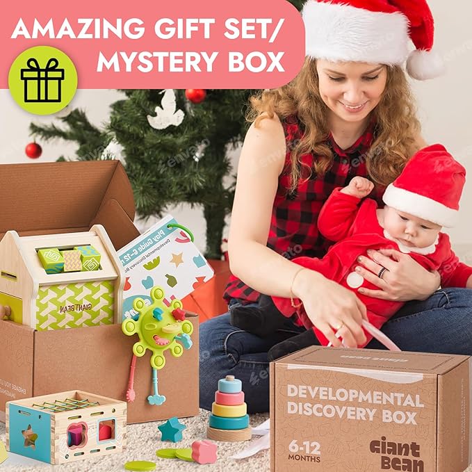 Giant bean Montessori Toys for Baby, 6-in-1 Wooden Early Education Learning Toys with Sensory Teething,Object Permanence Box,Shape Sorting Stacking Ring,Mirror Puzzle,Christmas Toy for Kid 1 2 3