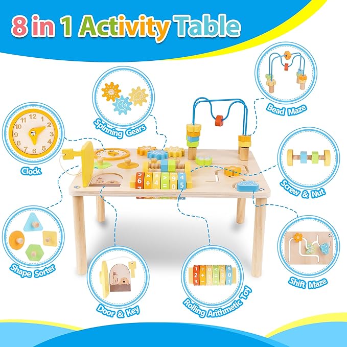 ATOYUS Activity Table for 1 2 Year Old, Wooden Montessori Toys Activity Center for Toddlers 1-3 Boys Girls, 8 in 1 Kids Sensory Game Play Table, 1st 2nd Christmas Birthday Gifts for 12 Months+ Baby