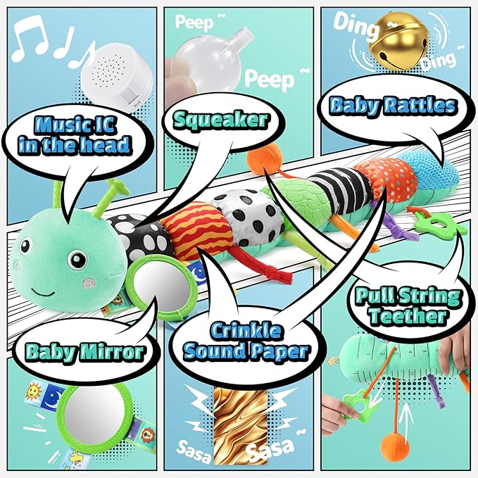 LIGHTDESIRE Baby Toys 6-12 Months Musical Caterpillar,Infant Toys 0-6 Months Sensory Toy with Ruler Design,Mirror,Pull String,Crinkle&Rattles,Baby Teething Toy for Tummy Time Boy Girl Gifts (Ice Blue)