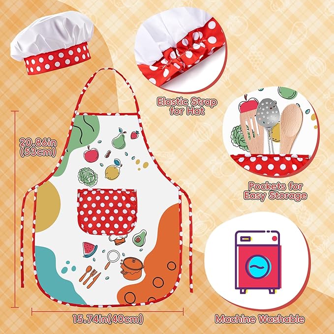 Play Kitchen Accessories, Large Stainless Steel Toddler Cooking Set, Kids Kitchen Playset with Cutting Play Food, Condiments, Chef Apron & Hat, Service Bell, Toy Food with 2 Baskets, Boys Girls Gifts.