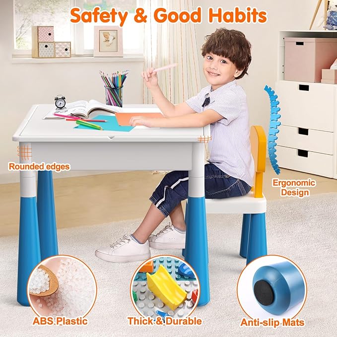 arscniek Toddlers Activity Table 7 in 1 Kids Activity Tables and 4 Chairs with 152Pcs Large Marble Run Building Blocks, Sand/Water Tables, Kids Learning Play Table Toys for Girls Boys Toddler Age 3-7