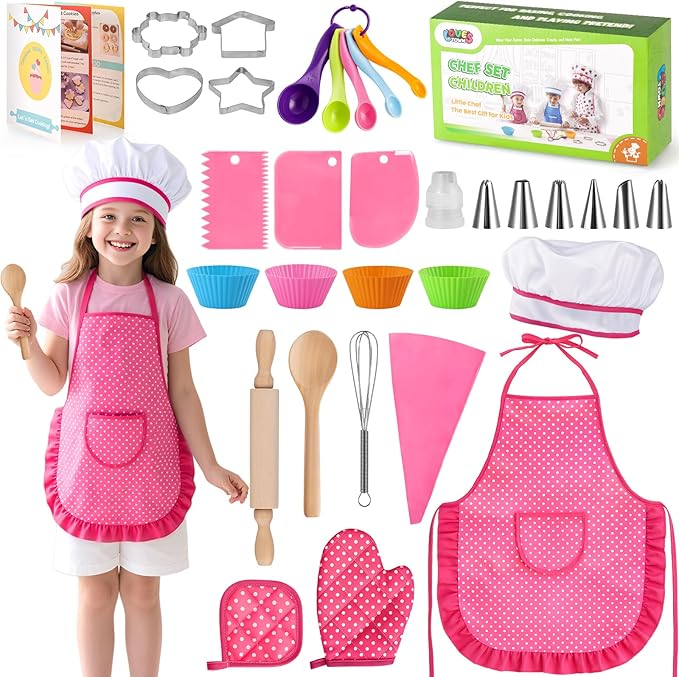 LovesTown Kids Cooking and Baking Sets, 32PCS Pretend Play Toys for Toddler Dress Up Clothes Birthday for Girls