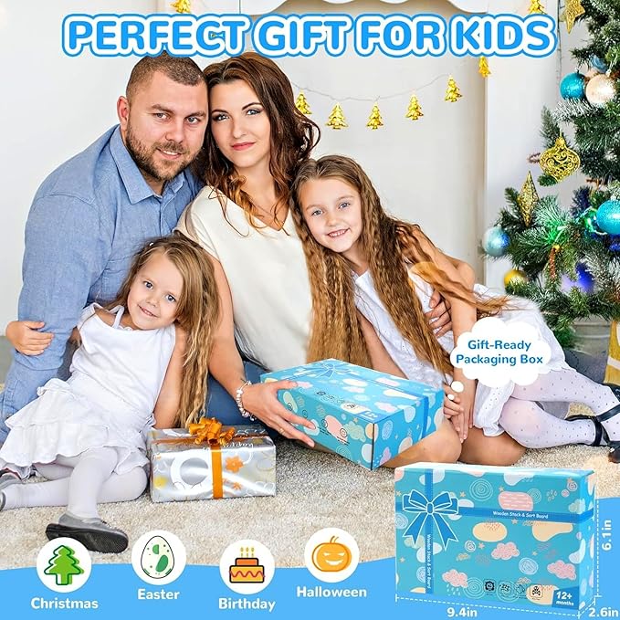 Shape Sorters for Toddlers 1-3 with 24-Piece Large Blocks & 12 Word Cards, Montessori Sensory Developmental Toy for Baby 12mo+, Wooden Stacking Puzzle Toy for 2-4 Year Old Kid Boy & Girl Birthday Gift