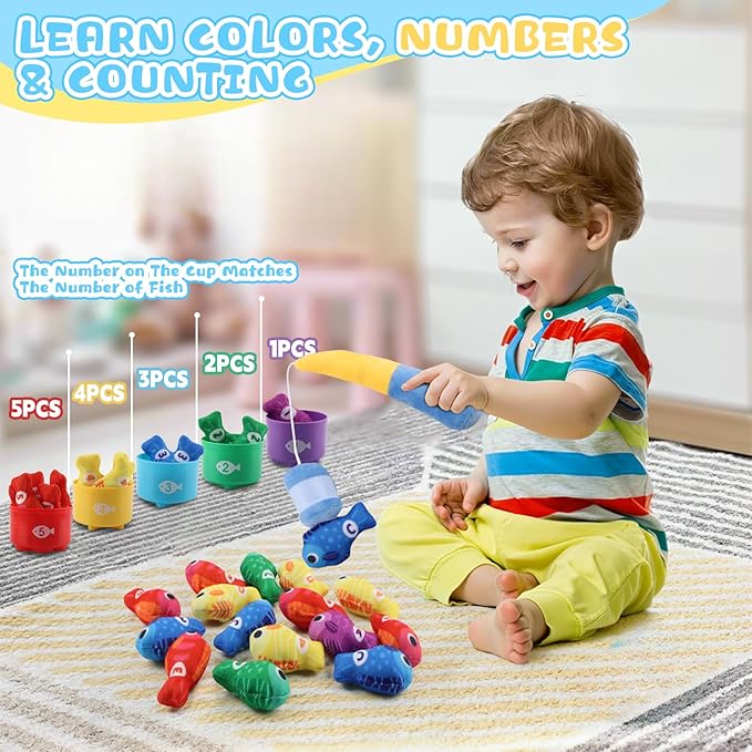 Toddler Montessori Toys for 1 2 Year Old Birthday Gifts for Boys Girls, Toddler Xmas Gift Fishing Game Toys 1-3 with Stacking Cups, Counting & Color Learning, 1st Present for One Year Old