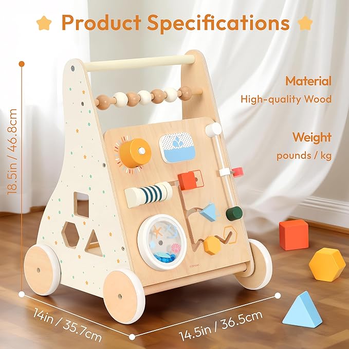 Wooden Baby Walker, Montessori Activity Center Adjustable Speed Baby Push Walker with Blocks & Shape Sorter, Learning Toy for Toddlers 1 2 3 Year Olds