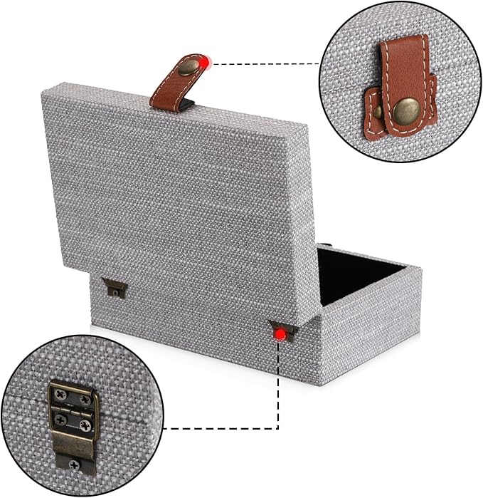 Hipiwe Jewelry Storage Box Treasure Chest Wooden Box with Linen Covered Rectangular Gray Keepsake Case with Clasp Dcorative Photo Storage Organizer for Women Gift, Small