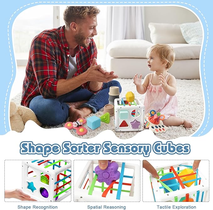 6 in 1 Montessori Toys for Babies 6-12 Months Up - Incl Pull String Toy, Stacking Cups, Tissue Box, Suction Cup Spinner, Stacking Blocks,Activity Cube, Baby Toys for 1 2 3 Year Old