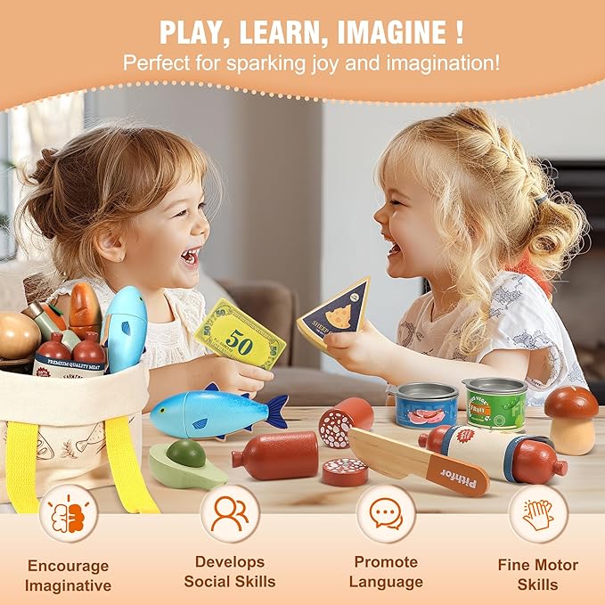 Wooden Play Food Set for Kids Toddlers, Grocery Store Pretend Play Food, Pretend Grocery Shopping & Play Kitchen Accessories for Boys Girls