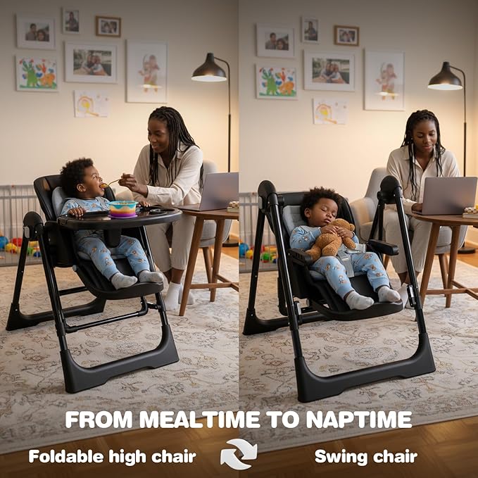 High Chairs for Babies and Toddlers Foldable High Chair Adjustable with Reclining Seat & Leg Rest, 3-in-1 Convertible Baby Swings with Tool-Free Assembly (Black)