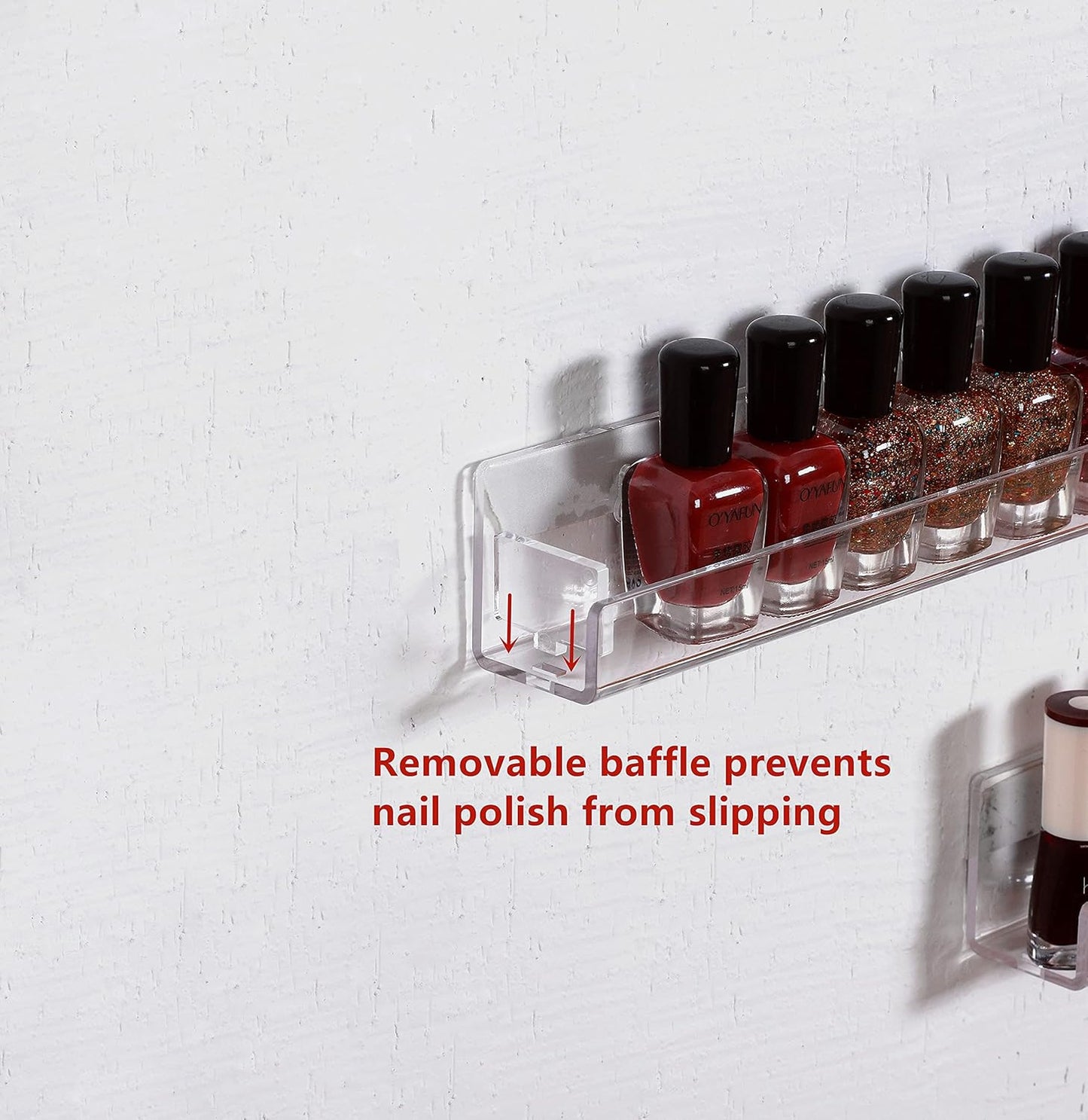 IEEK Nail Polish Rack Wall Mounted Shelf 2 Pack,Clear Kids Wall Bookshelf Acrylic Nail Polish Holder with Removable Anti-Slip End Inserts,2 Tiers Floating Polish Organizer Display 30 Bottles