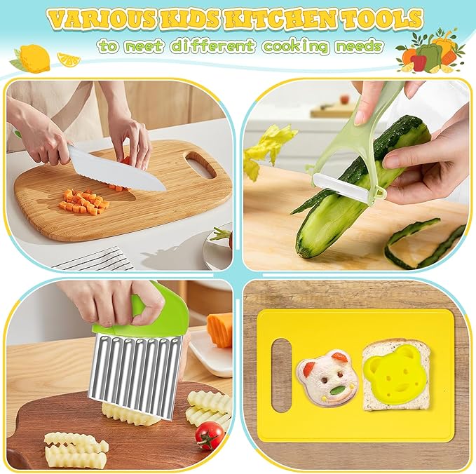 15 PCS Montessori Kitchen Tools, Toddler Knife Set for Real Cooking Kids Kitchen Knife Wooden Safe Knife Serrated Edges Plastic Toddler Knife Cutting Board Aprons Crinkle Cutters