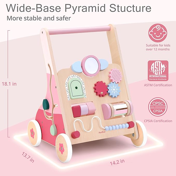 PairPear Wooden Baby Walker Push and Pull Learning Activity Walker, 8-in-1 Montessori Busy Board Push Walker Wooden Activity Center Toys for Boys and Girls 12m+ （Pink Rabbit）