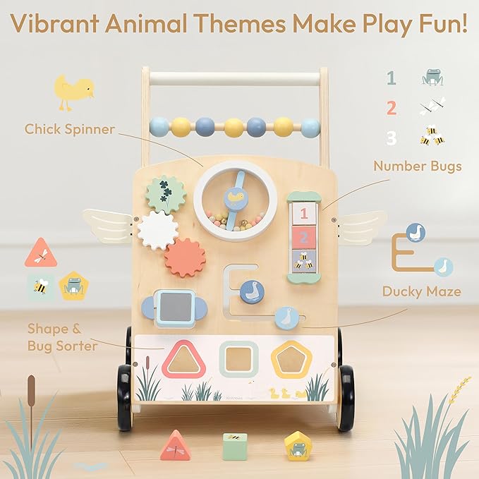 Wooden Baby Walker, Baby Push Walker, 8-in-1 Nature Activity Center, Adjustable Speed Montessori Walker Toy with Activity Center Toys for Boys Girls 1 2 3 Year Old
