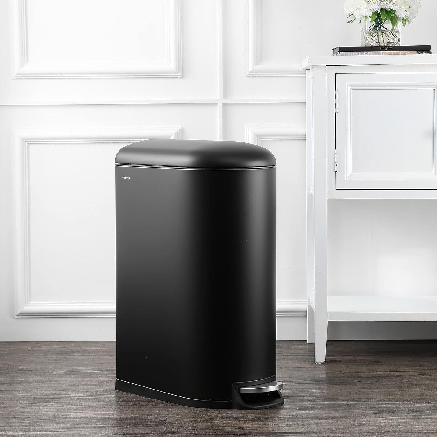 happimess HPM1009B Roland Mini 2.6-Gallon Step-Open Trash Can with Soft-Close Lid, Modern, Minimalistic, Fingerprint Proof for Home, Kitchen, Laundry Room, Office, Bedroom, Bathroom, Black
