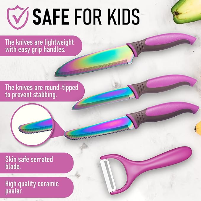 5-Piece Kids Knife Set for Real Cooking | Stainless Steel Chef, Paring & Serrated Knives with Peeler & Holder | Safe Junior Chef Cooking Set for Kids (5 pcs, Pink)